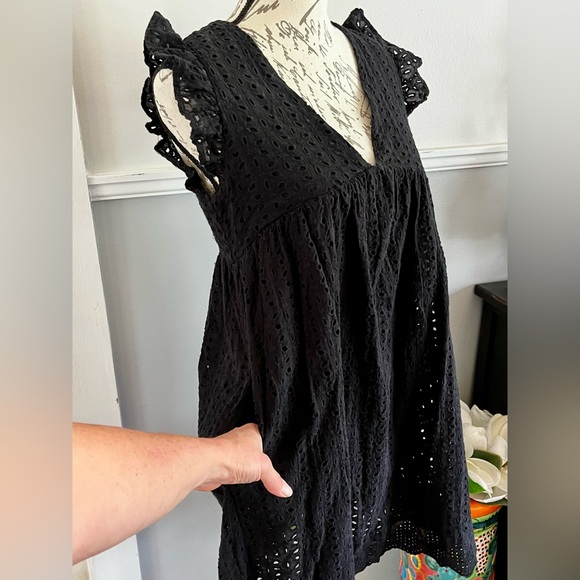 EUC Black Eyelet Babydoll Mini Dress Pockets Lined Built in Shorts Small - Picture 7 of 16
